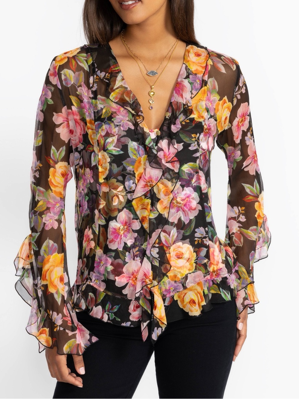 Jade by Johnny Was Kylie Ruffle Blouse Silk Floral Boho Size S NWT